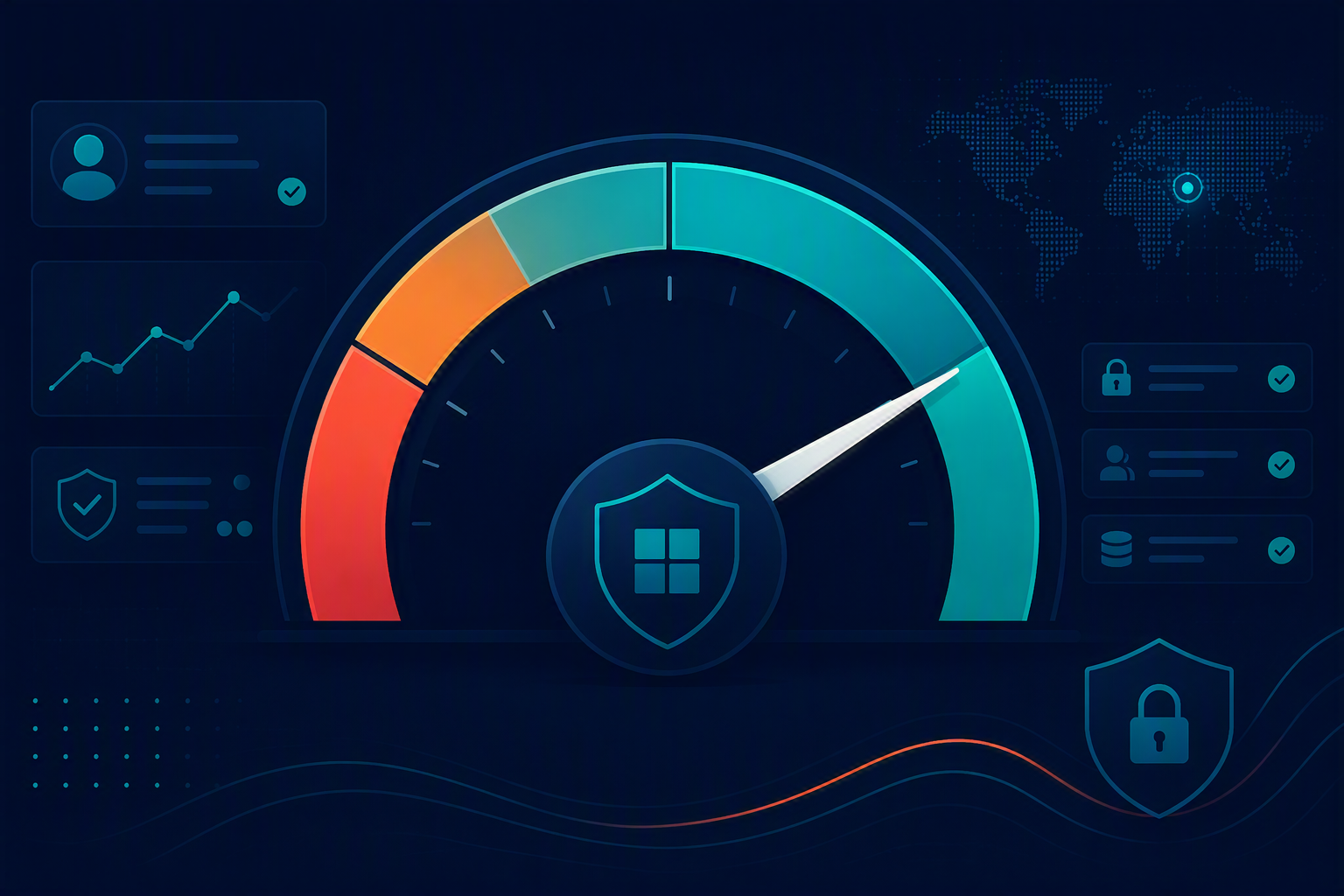 Microsoft Secure Score gauge showing a target of around 75 percent